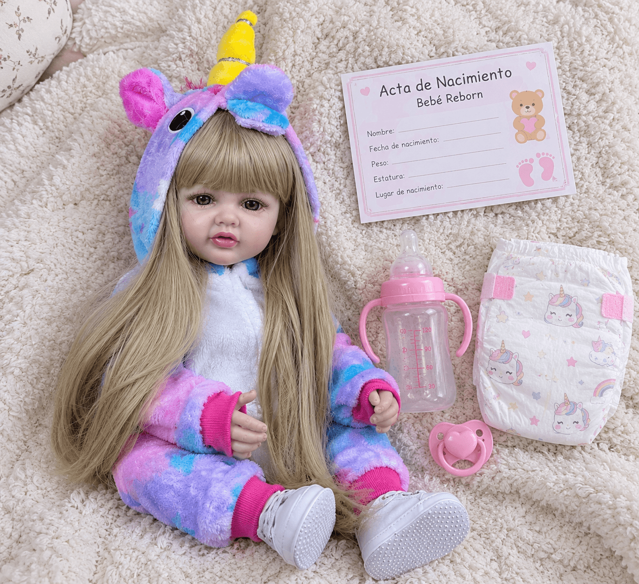 Muñeca bebé reborn con accesorios y mameluco de unicornio