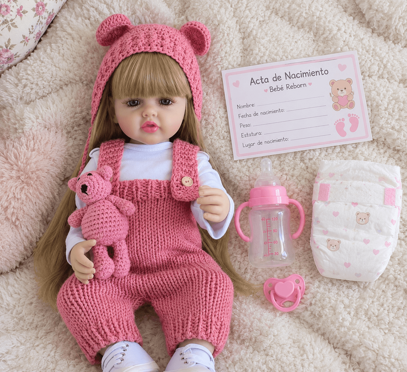 Muñeca bebé reborn con accesorios, rosa