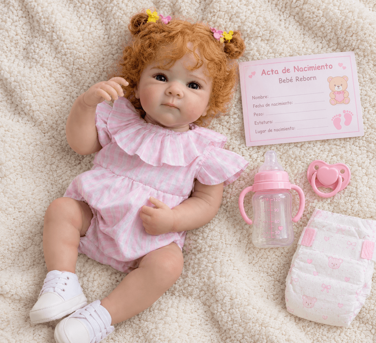 Muñeca bebé reborn pelirroja con accesorios
